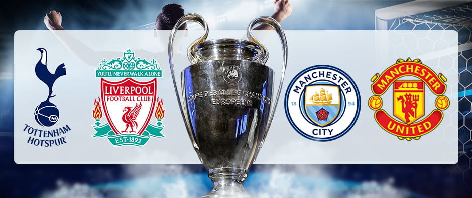 Tottenham logo, Liverpool logo, Manchester City logo, Manchester United logo and the Champions League.