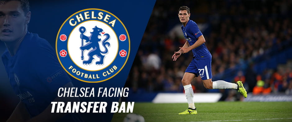 Chelsea transfer ban, with the Chelsea badge and a player