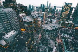 An overhead shot of a city.