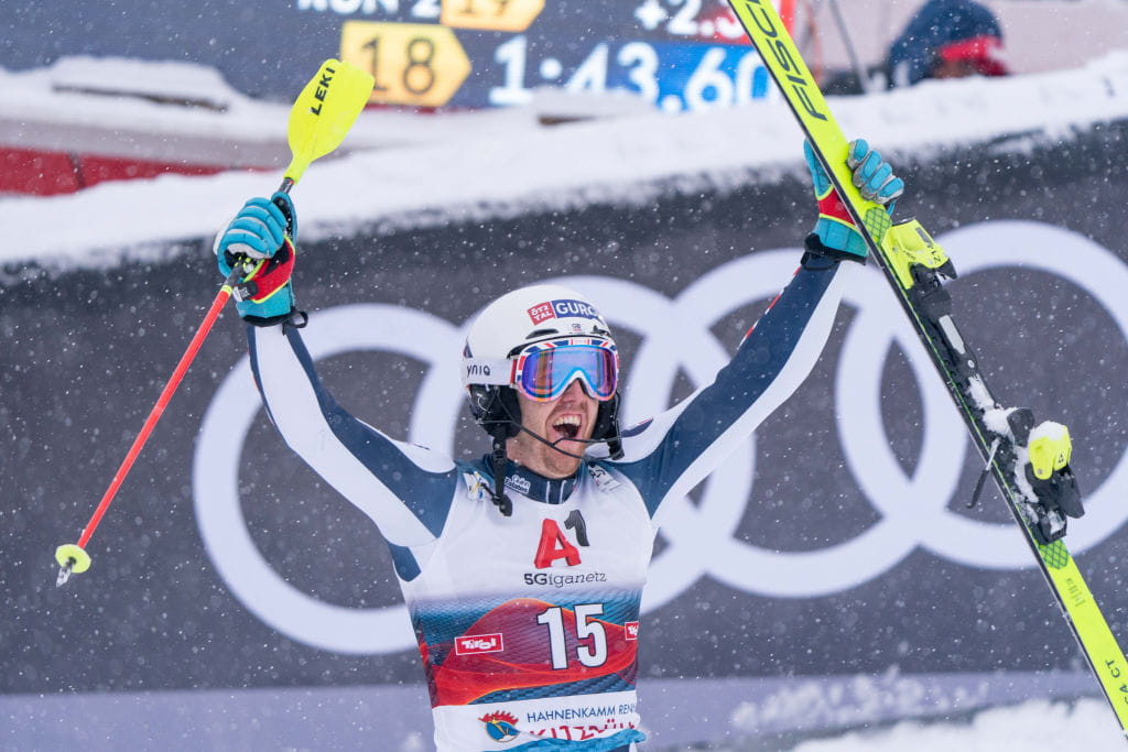 Dave Ryding celebrates his first Alpine Skiing World Cup race win.