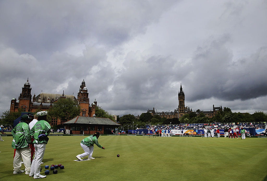 Lawn Bowling action unfolding at the 2014 Commonwealth Games in Glasgow.