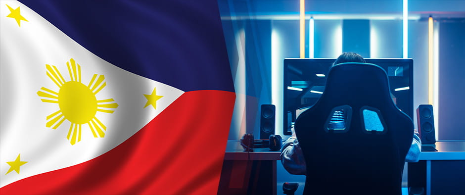 A picture of a gamer sitting in their chair with the Philippines flag showing.