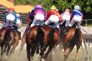 Several horses are racing on a track with jockeys in bright colours