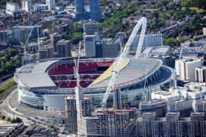 A picture of Wembley Stadium that was taken from the air.