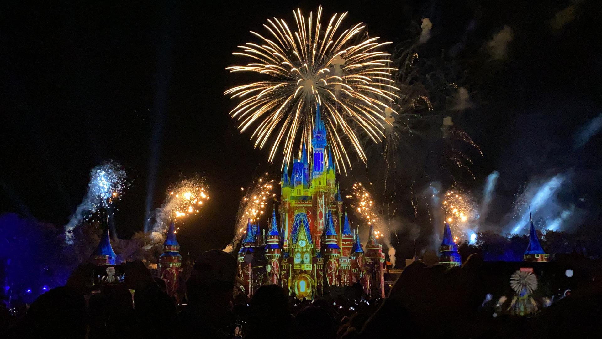 A picture of Disneyland showing fireworks.