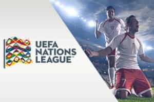 Picture of a footballer with the Nations League logo shown
