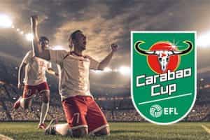 Two football players with the Carabao Cup logo shown