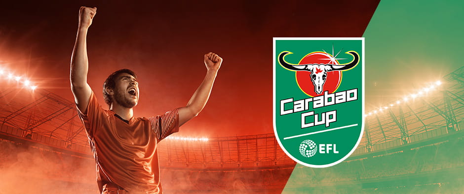 A player celebrating a goal with the Carabao Cup logo shown