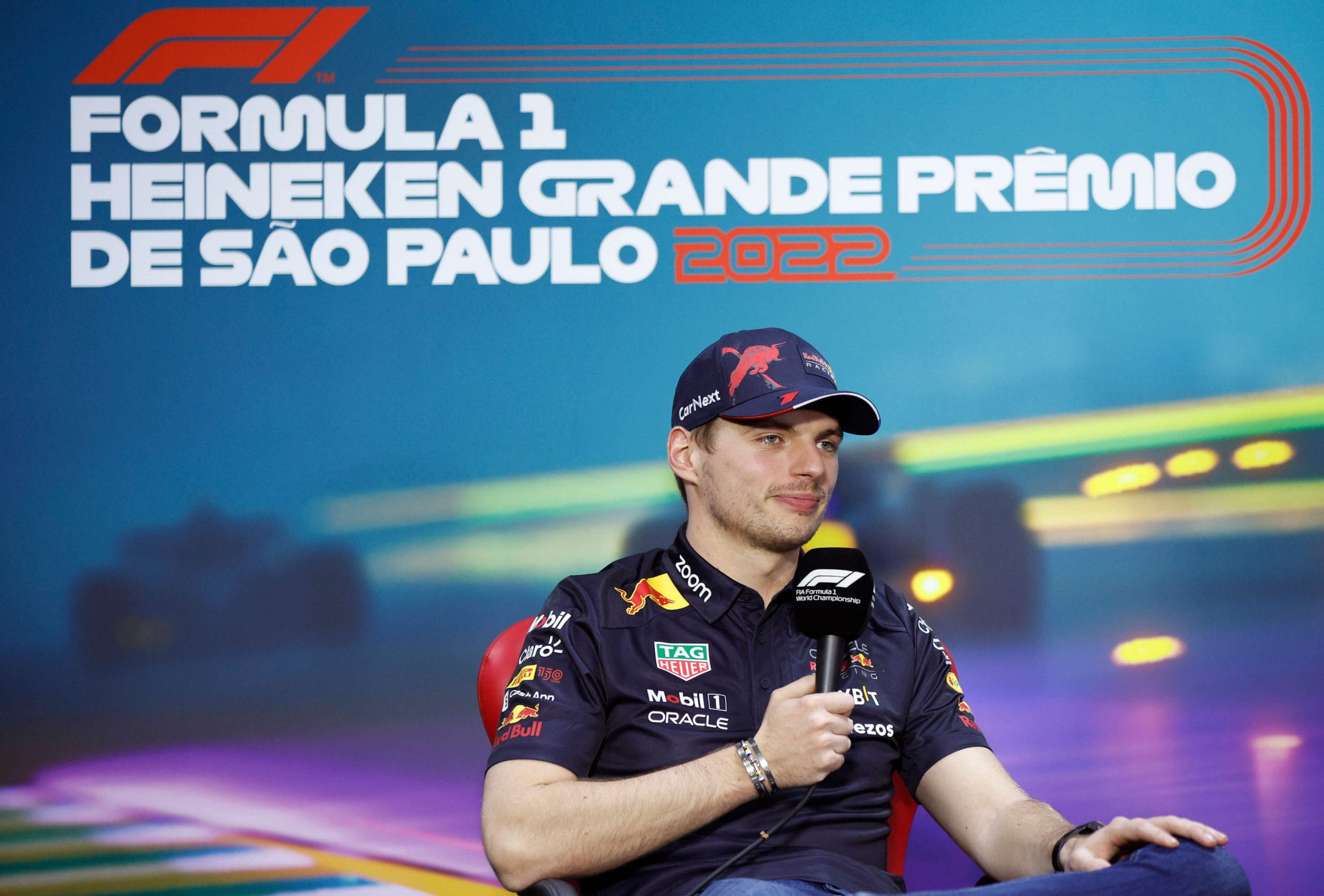 Max Verstappen speaking at a Brazilian Grand Prix press conference.