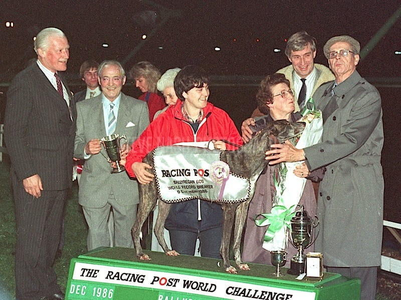 Ballyregan Bob and his owners after setting a new world record of 32 consecutive race wins. 