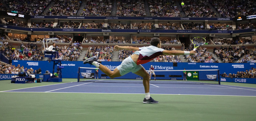 Carlos Alcaraz returns a Casper Ruud serve during the final of the 2022 US Open Men's Singles Final.