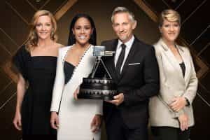 The 2022 Sports Personality of the Year presenters pose with the famous trophy.