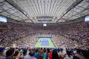 Arthur Ashe Stadium with the roof closed during the 2022 US Open Tennis Championship final.