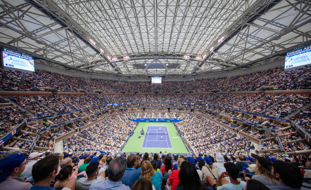 Arthur Ashe Stadium with the roof closed during the 2022 US Open Tennis Championship final.