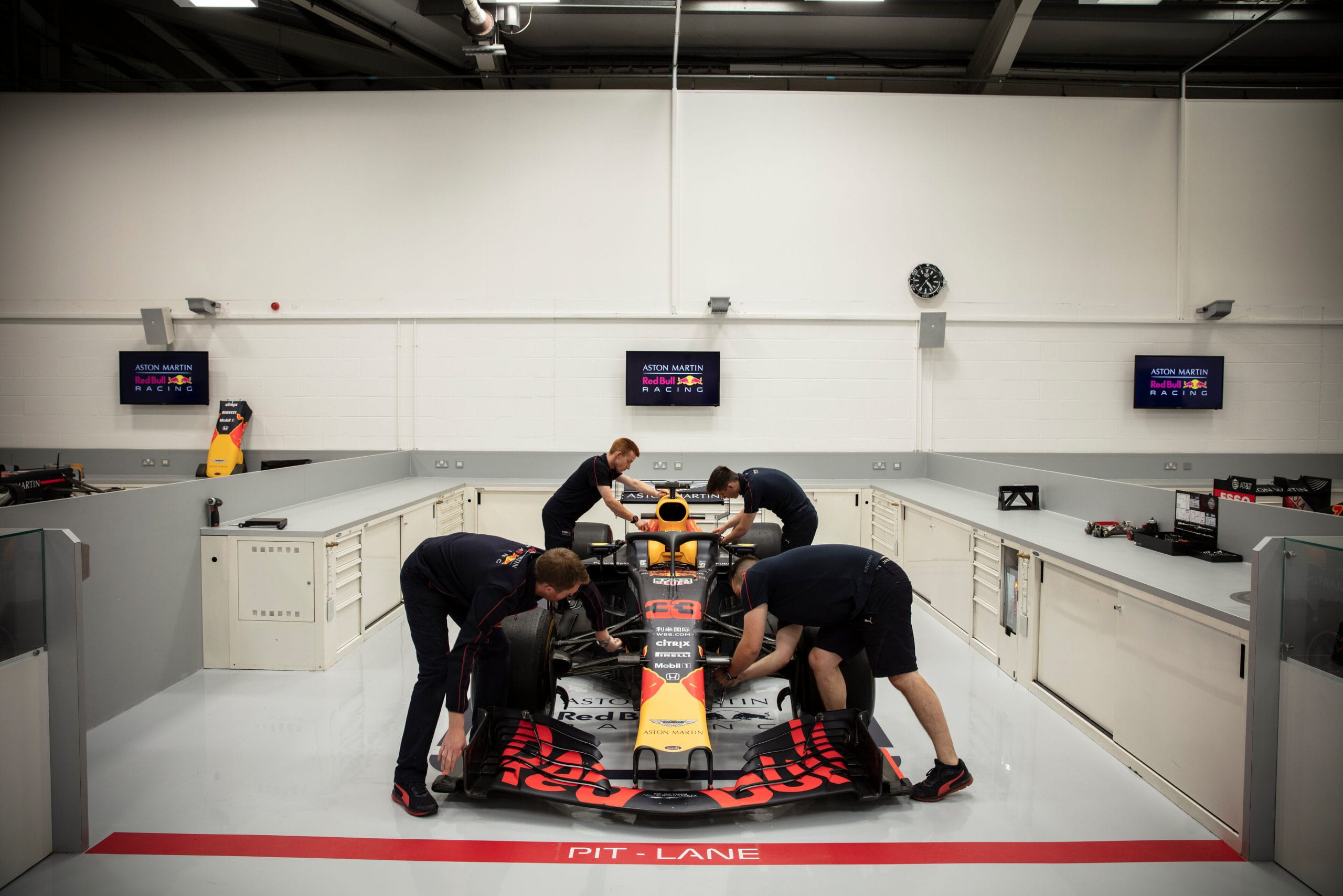 Mechanics work on a Red Bull car in the team’s Milton Keynes factory.
