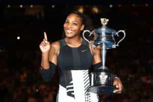 Serena Williams poses with the Daphne Akhurst Trophy after winning the 2017 Australian Open.