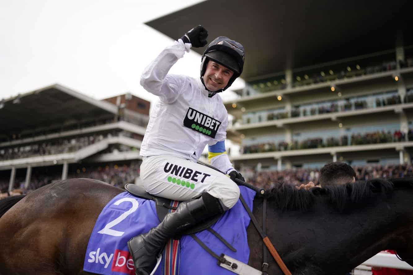 Nico de Boinville on Constitution Hill celebrates after winning the 2022 Sky Bet Supreme Novices' Hurdle.