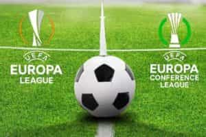 A picture of a football with the Europa League and Europa Conference League logos