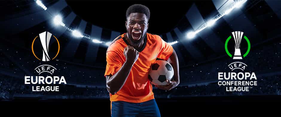 Gambar seorang pemain sepak bola dengan logo Europa League dan Europa Conference League
