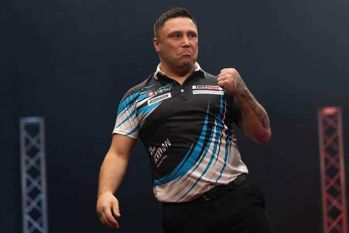 Gerwyn Price celebrates a big checkout.