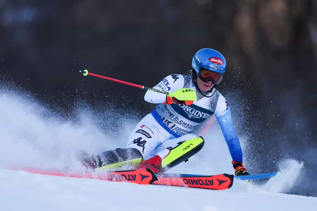 Mikaela Shiffrin competing in the Women's Alpine Combined at the 2023 FIS Alpine World Ski Championships.