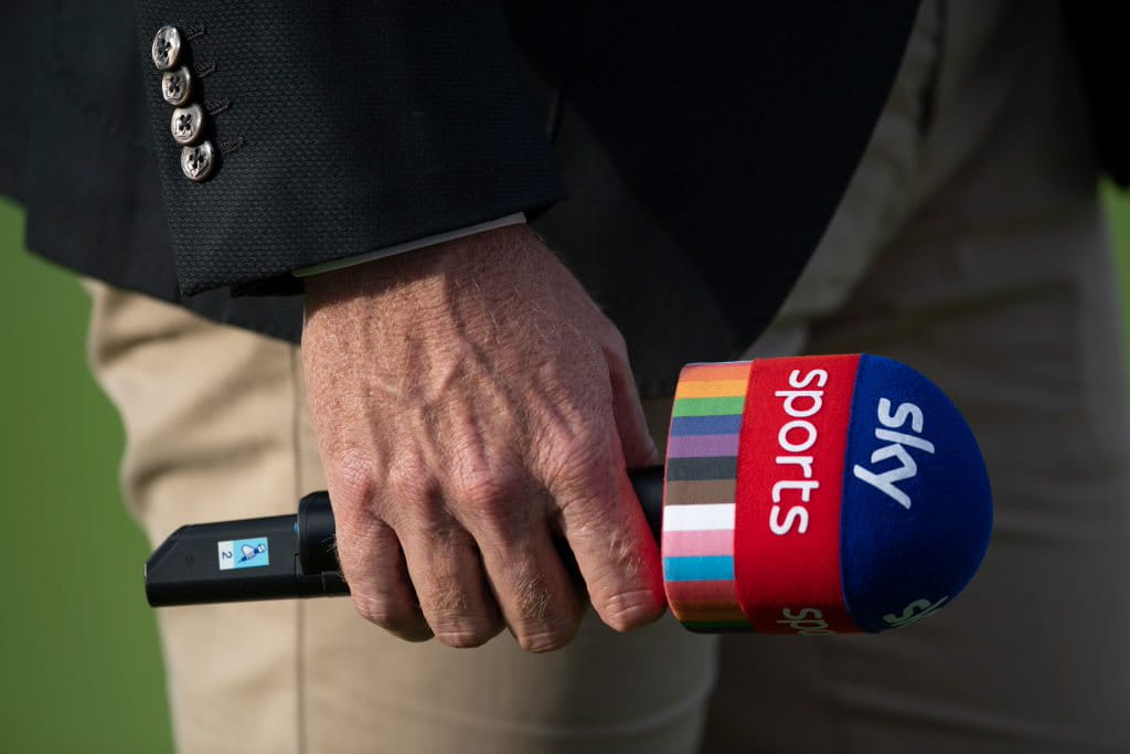 Sky Sports branded microphone including the flag of the LGBTQ community.