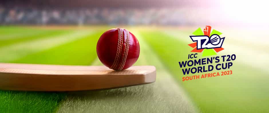 A cricket bat and a ball with the Women’s T20 Cricket World Cup logo