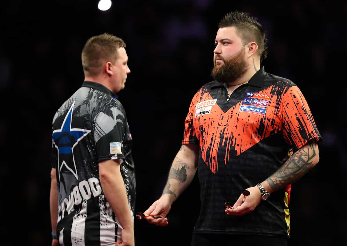 Chris Dobey and Michael Smith during Darts 2023 Premier League fixture in Nottingham. 