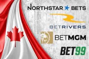 A picture of the Canadian flag with various sportsbook logos