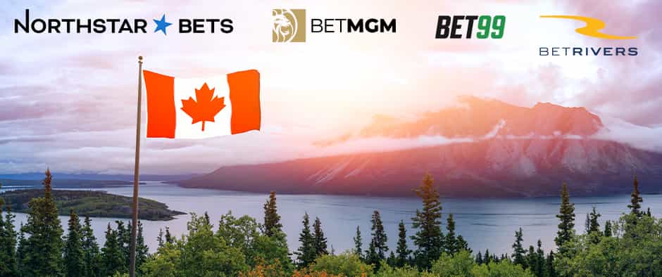 A picture of the Canadian flag with different sportsbook logos