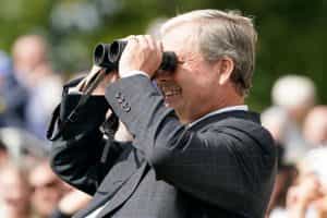 William Haggas watches Baaeed win The Juddmonte International Stakes at York Racecourse in 2022.