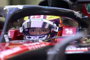 Zhou Guanyu prepares to drive from the garage ahead of the 2023 F1 Grand Prix of Bahrain.