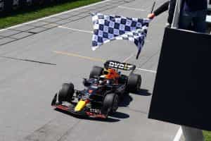 Max Verstappen meets the chequered flag at the 2022 Canadian GP.