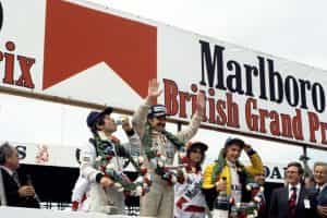Clay Regazzoni celebrates winning the 1979 British Grand Prix at the Silverstone Circuit. 