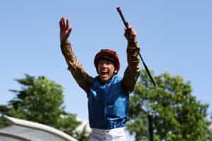 Frankie Dettori riding Courage Mon Ami celebrates winning The Gold Cup during day three of Royal Ascot 2023.