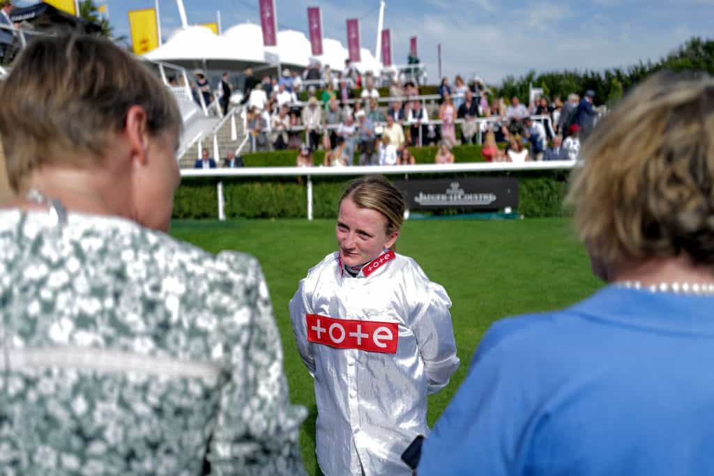 Hollie Doyle chats with the press at Goodwood Racecourse