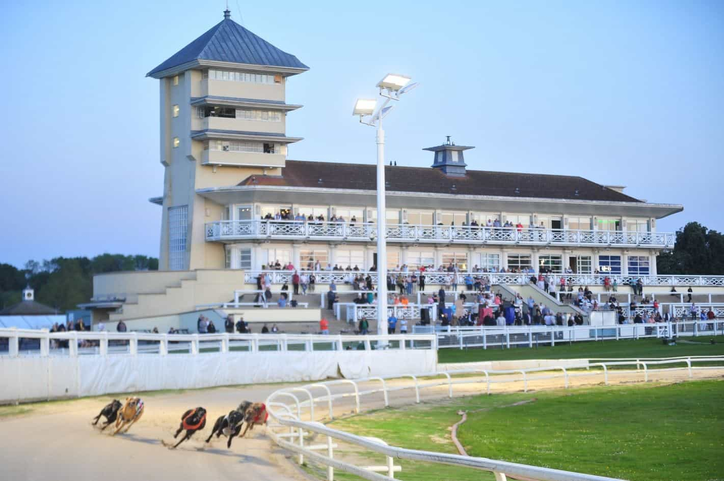 Towcester’s impressive grandstand on a 2023 race night.