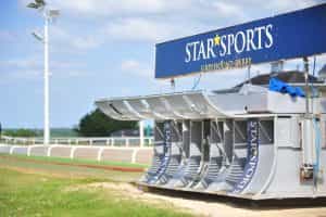 The starting traps at Towcester greyhound track.