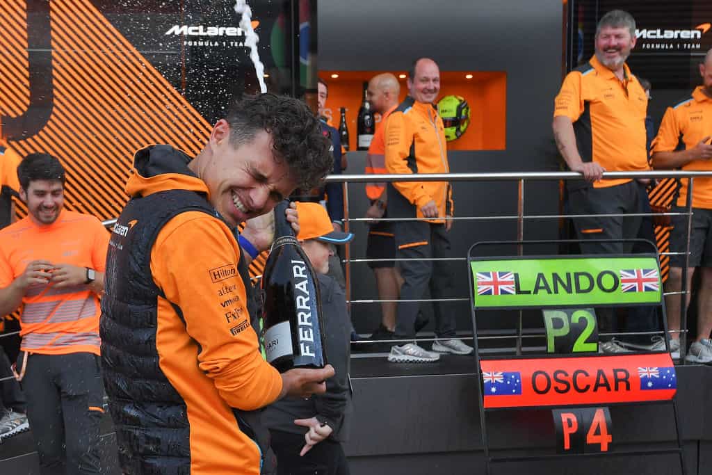 Lando Norris celebrates his second place in the F1 Grand Prix of Great Britain at Silverstone, 2023.