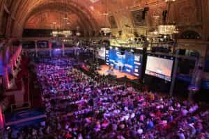 It is a packed house at Blackpool’s Winter Gardens during the World Matchplay Darts tournament.