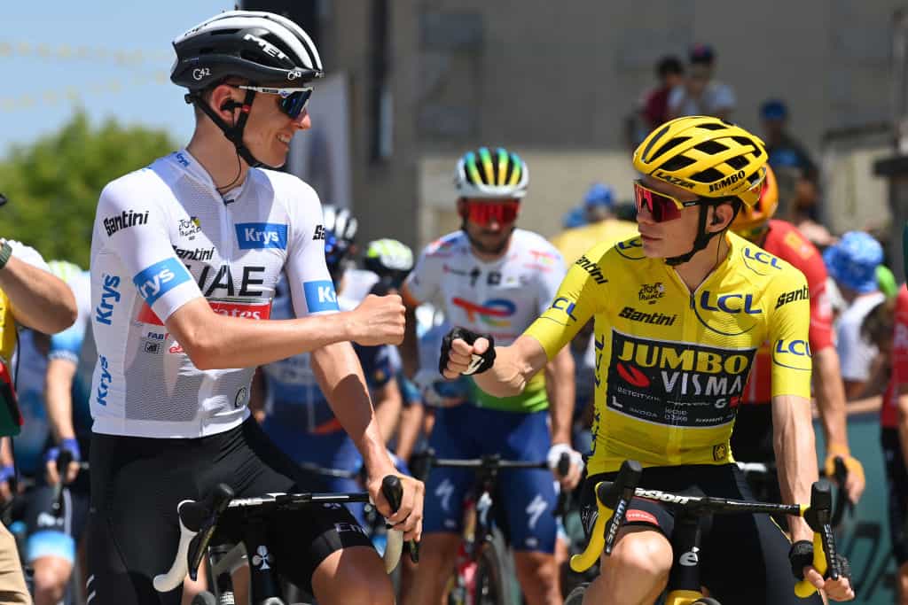 Tadej Pogacar and Jonas Vingegaard at the start of stage nine of the 2023 Tour de France.