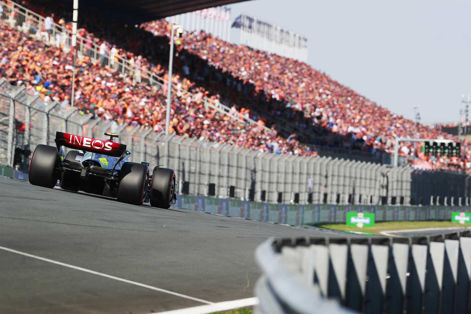 2022: Lewis Hamilton heads down the short Zandvoort straight in his Mercedes.