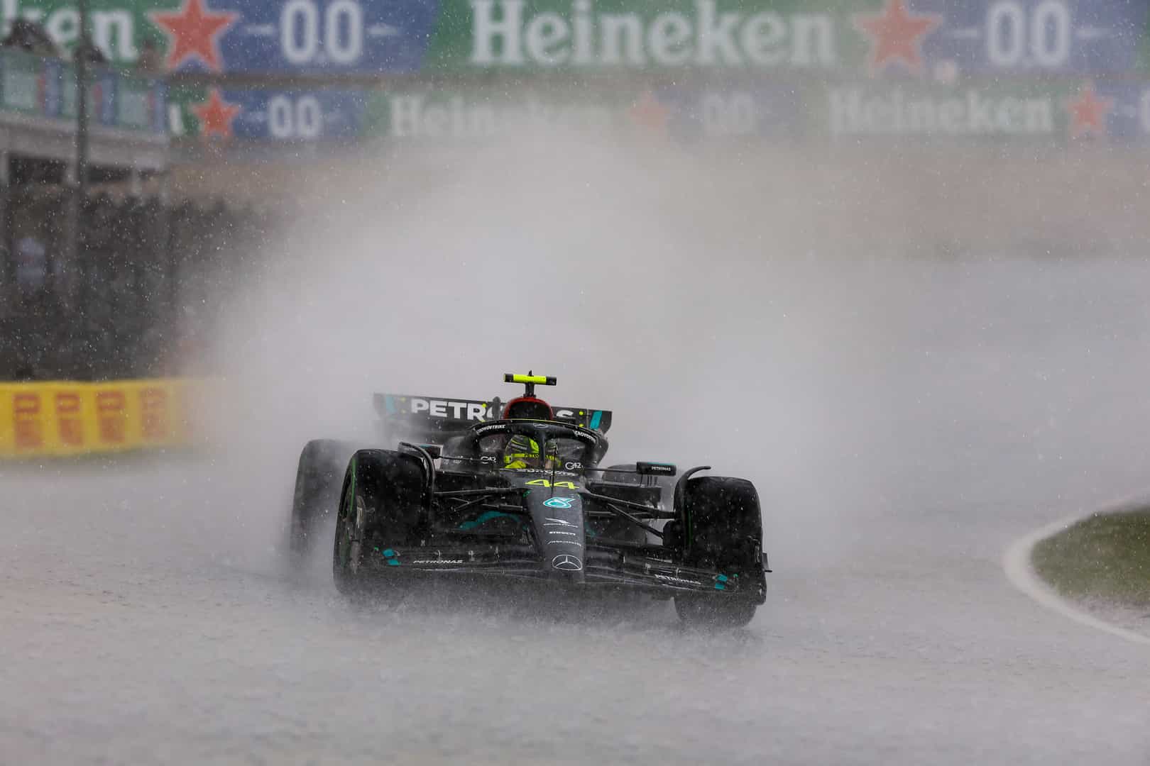 Lewis Hamilton driving in the rain at the 2023 Dutch Grand Prix. 
