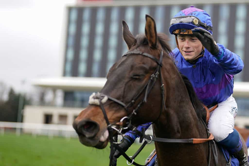 Benoit de la Sayette celebrates after riding Migration to win the 2023 Pertemps Network Lincoln at Doncaster.