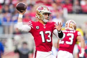 Brock Purdy of the San Francisco 49ers throws the ball at Levi's Stadium on September 21, 2023.