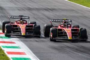Ferrari’s 2023 drivers are side-by-side on the racetrack.