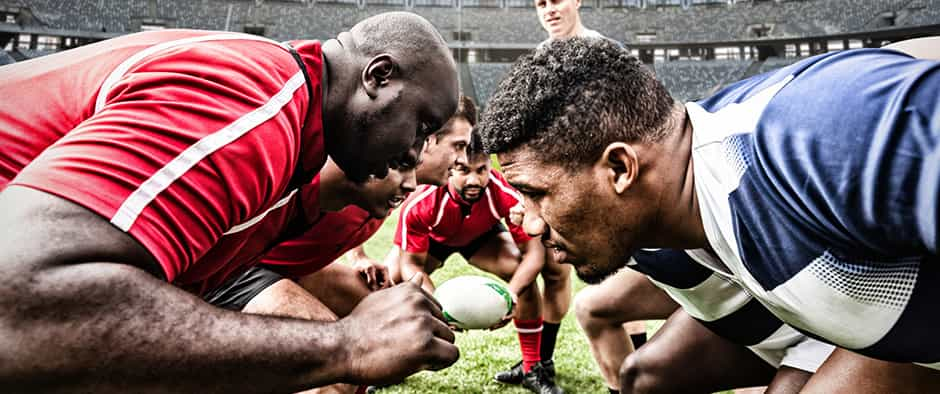 Rugby players ready for a scrum