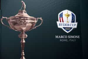 The Ryder Cup trophy on display at the Marco Simone Golf and Country Club in Rome.