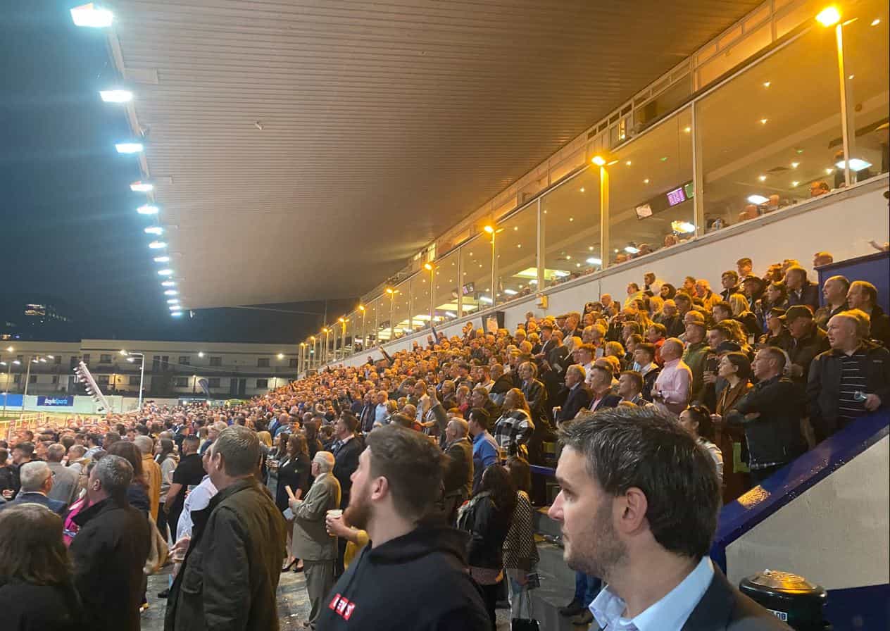 A packed grandstand at Shelbourne Park on Greyhound Derby final night 2022.
