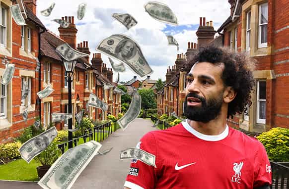 A picture of Mo Salah against a backdrop of English houses represents that footballers earn enough money to buy plenty of property.